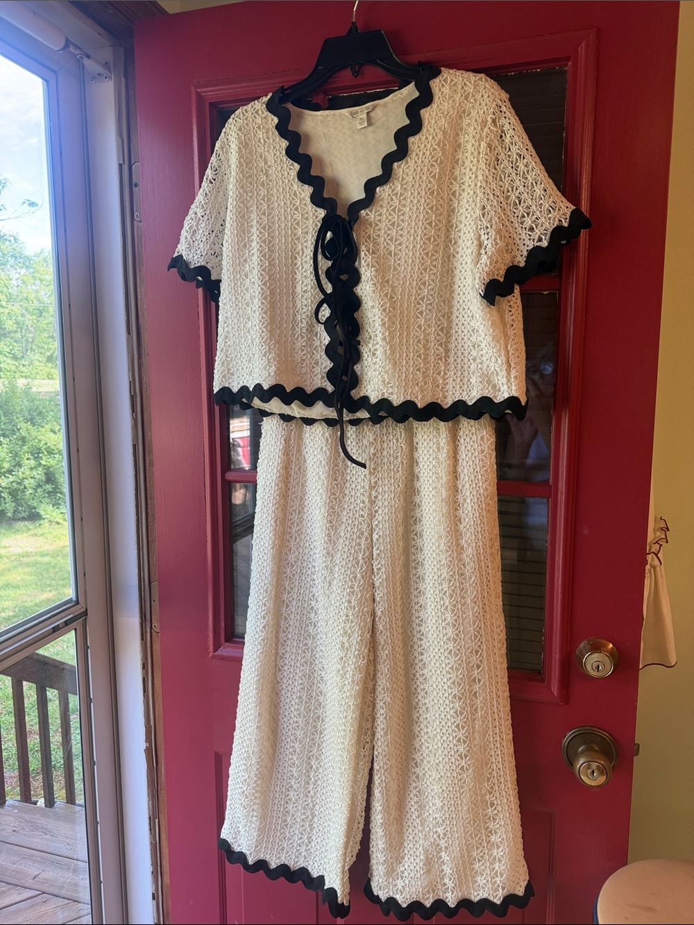 New Cato Cream Crochet Top with Black Scallop Trim and Crochet Crop Pants
